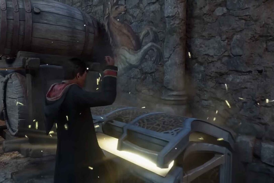 One player is opening a chest in Hogwarts Legacy